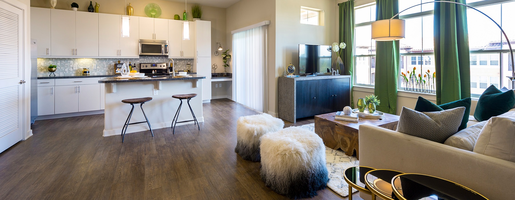 open living with living room and kitchen views